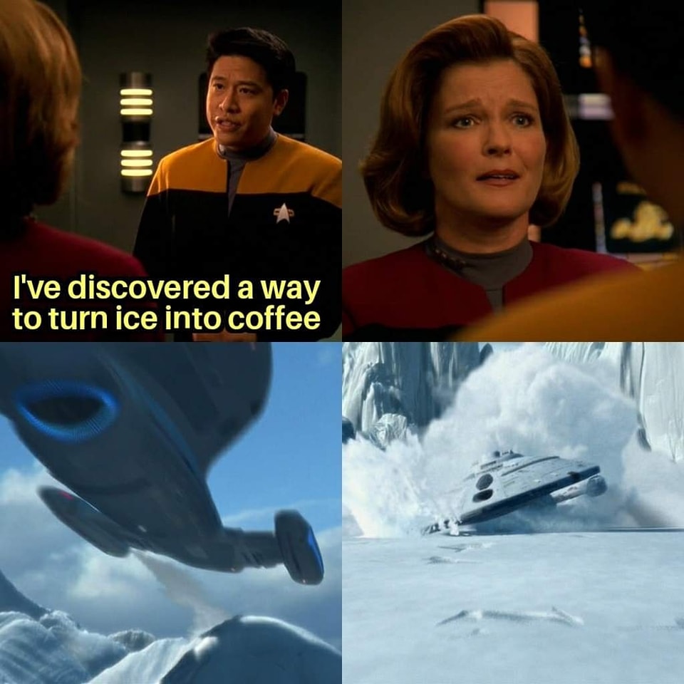 Kim and Janeway talking about making fresh coffee, but it'll cost crashing the ship.
