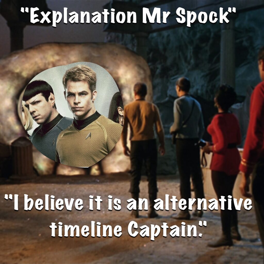 TOS crew looking at the Guardian of Forever and seeing the Kelvin crew on the other side.