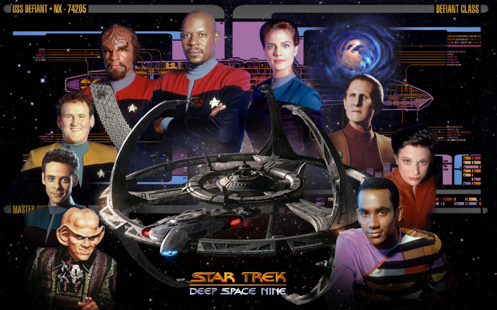 DS9 surrounded by her crew, an LCARS diagram of the Defiant in the background.