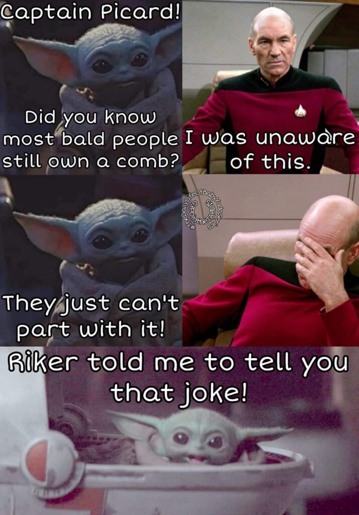 Grogu talking with Picard about his hair, or lack thereof.